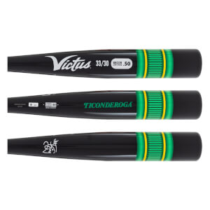 Detail views of a black baseball bat with white Victus logo, green Ticonderoga text, and green/yellow horizontal stripes.