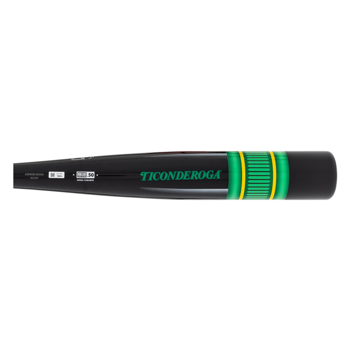 Side view of a black baseball bat with green TICONDEROGA text, green and yellow pencil design, and BBCOR .50 mark.