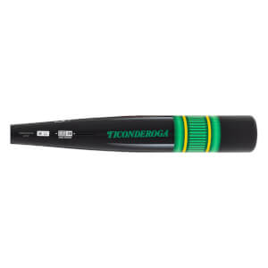 Side view of a black baseball bat with green TICONDEROGA text, green and yellow pencil design, and BBCOR .50 mark.