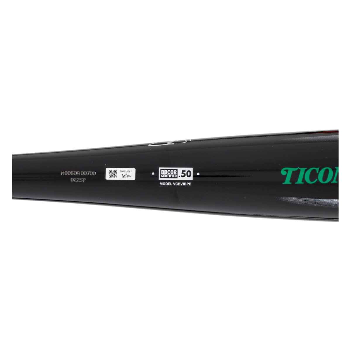 Close-up of a black baseball bat with a BBCOR certified stamp, QR code, and green Victus logo.