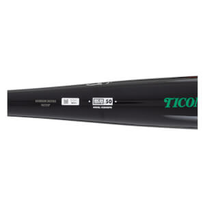 Close-up of a black baseball bat with a BBCOR certified stamp, QR code, and green Victus logo.