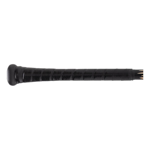 Close-up of a black baseball bat handle with spiral-wrapped textured grip, a flared knob, and exposed bat material.