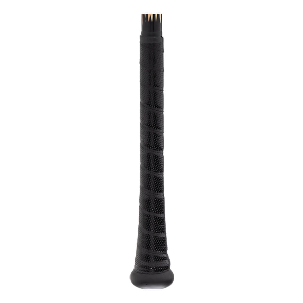 Close-up of black baseball bat grip with spiraled tape texture and a flared knob.