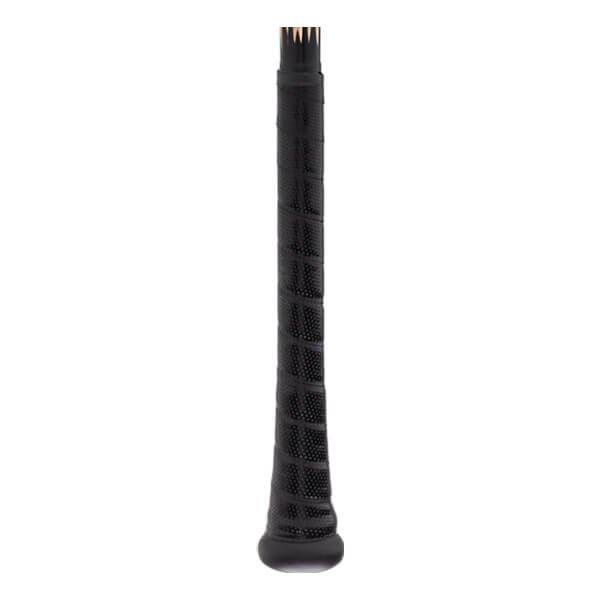 Close-up of black baseball bat grip with spiraled tape texture and a flared knob.