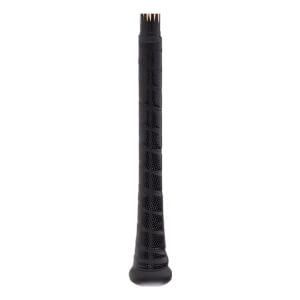 Close-up of black baseball bat grip with spiraled tape texture and a flared knob.
