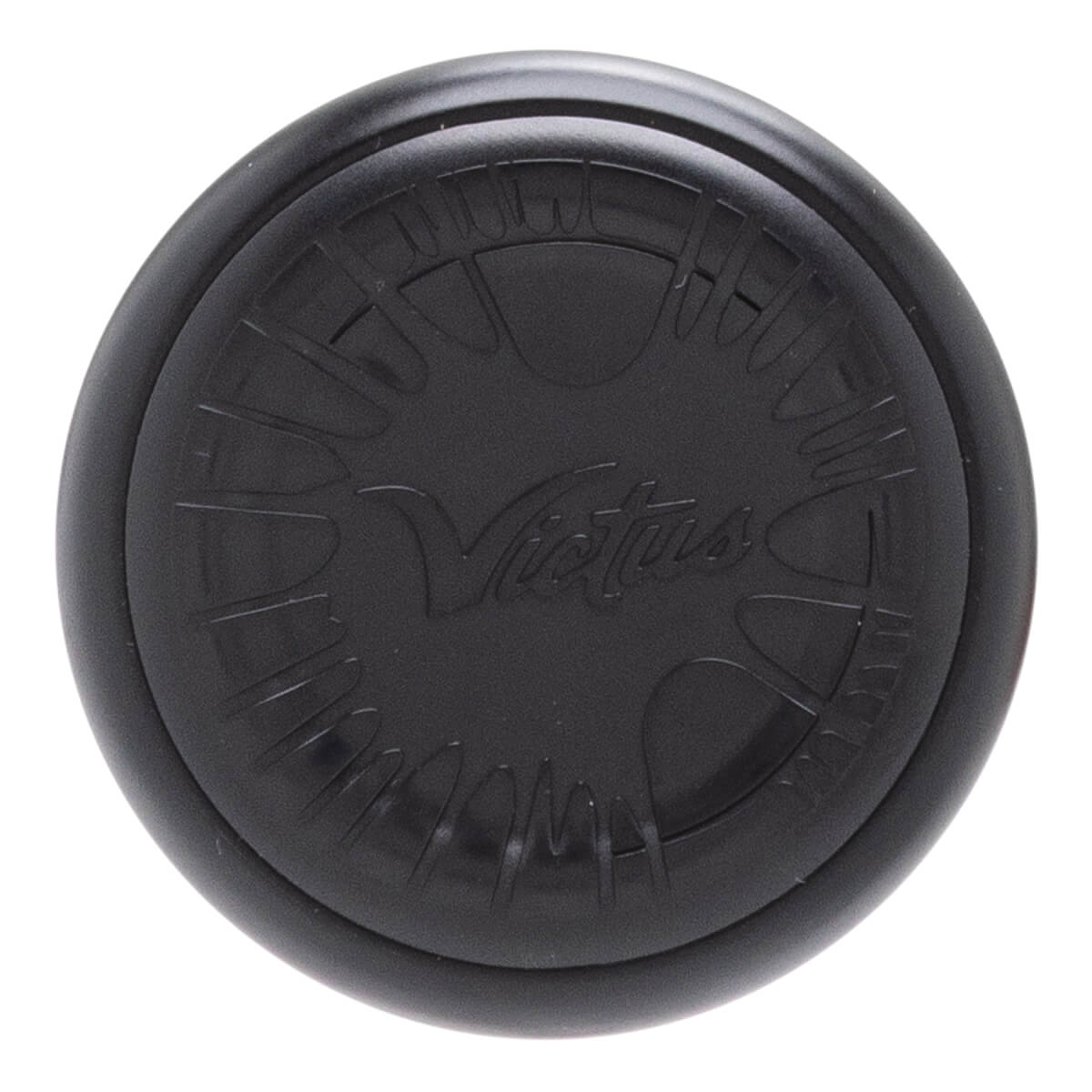 Top-down view of a black baseball bat end cap with an embossed Victus logo and radial line patterns.
