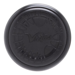 Top-down view of a black baseball bat end cap with an embossed Victus logo and radial line patterns.