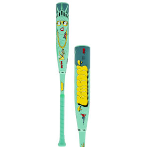 Front view of a mint green baseball bat featuring a stylized Statue of Liberty with gold sunglasses and chains, and the word "Victus".