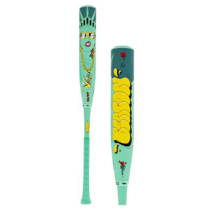 Front view of a mint green baseball bat featuring a Statue of Liberty graphic with gold sunglasses and chain, and the word "Victus".