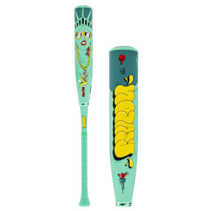 Front view of a mint green baseball bat featuring a stylized Statue of Liberty with sunglasses and gold chains, and the word "Victus".