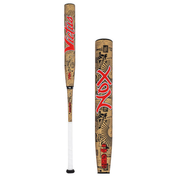 Full view and close-up of a tan softball bat with intricate black graphics, red Victus and Nox branding, and a white grip.
