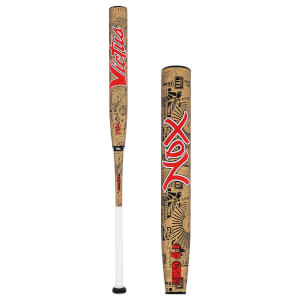 Full view and close-up of a tan softball bat with intricate black graphics, red Victus and Nox branding, and a white grip.