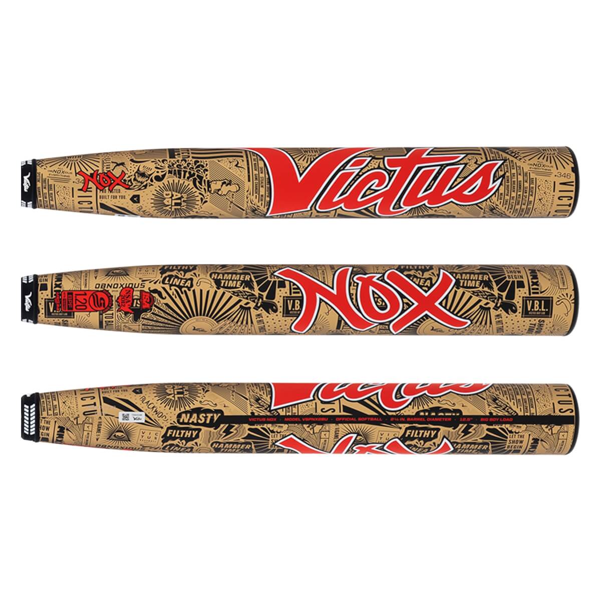 Full view of a tan Victus Nox softball bat with intricate black line art and large red branding.