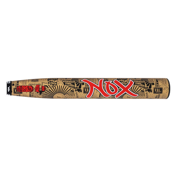 Side view of a tan softball bat with a black graffiti-style pattern, prominent red Nox text, and a black handle.