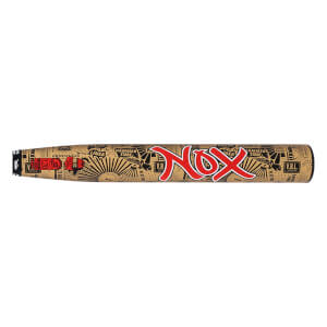 Side view of a tan softball bat with a black graffiti-style pattern, prominent red Nox text, and a black handle.