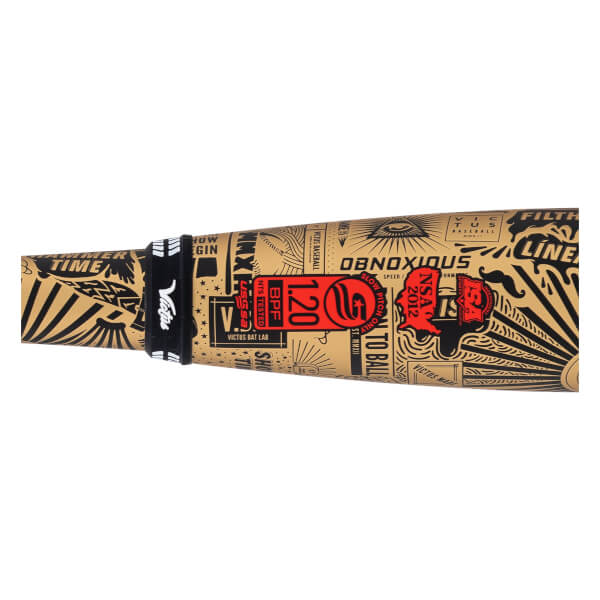 Close-up of a tan softball bat with intricate black line art, a red 1.20 BPF USSSA graphic, and a black Victus band.