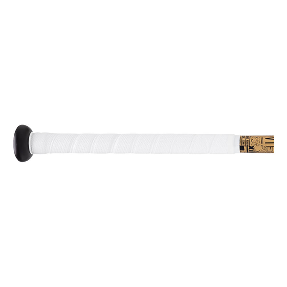 Side view of a white bat handle with textured grip, a black knob, and a gold band with VICTUS text.