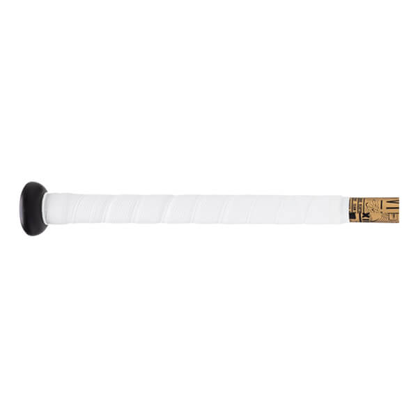 Side view of a white bat handle with textured grip, a black knob, and a gold band with VICTUS text.