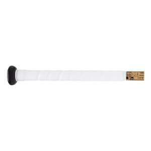 Side view of a white bat handle with textured grip, a black knob, and a gold band with VICTUS text.