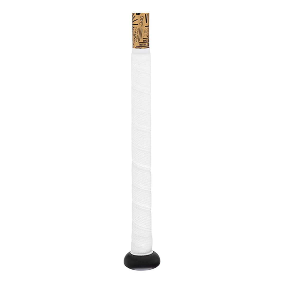 Close-up of a white wrapped bat grip with a black knob and a brown label showing NOX.