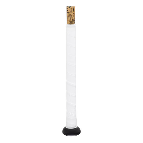 Close-up of a white wrapped bat grip with a black knob and a brown label showing NOX.