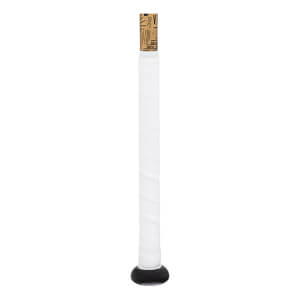Close-up of a white wrapped bat grip with a black knob and a brown label showing NOX.