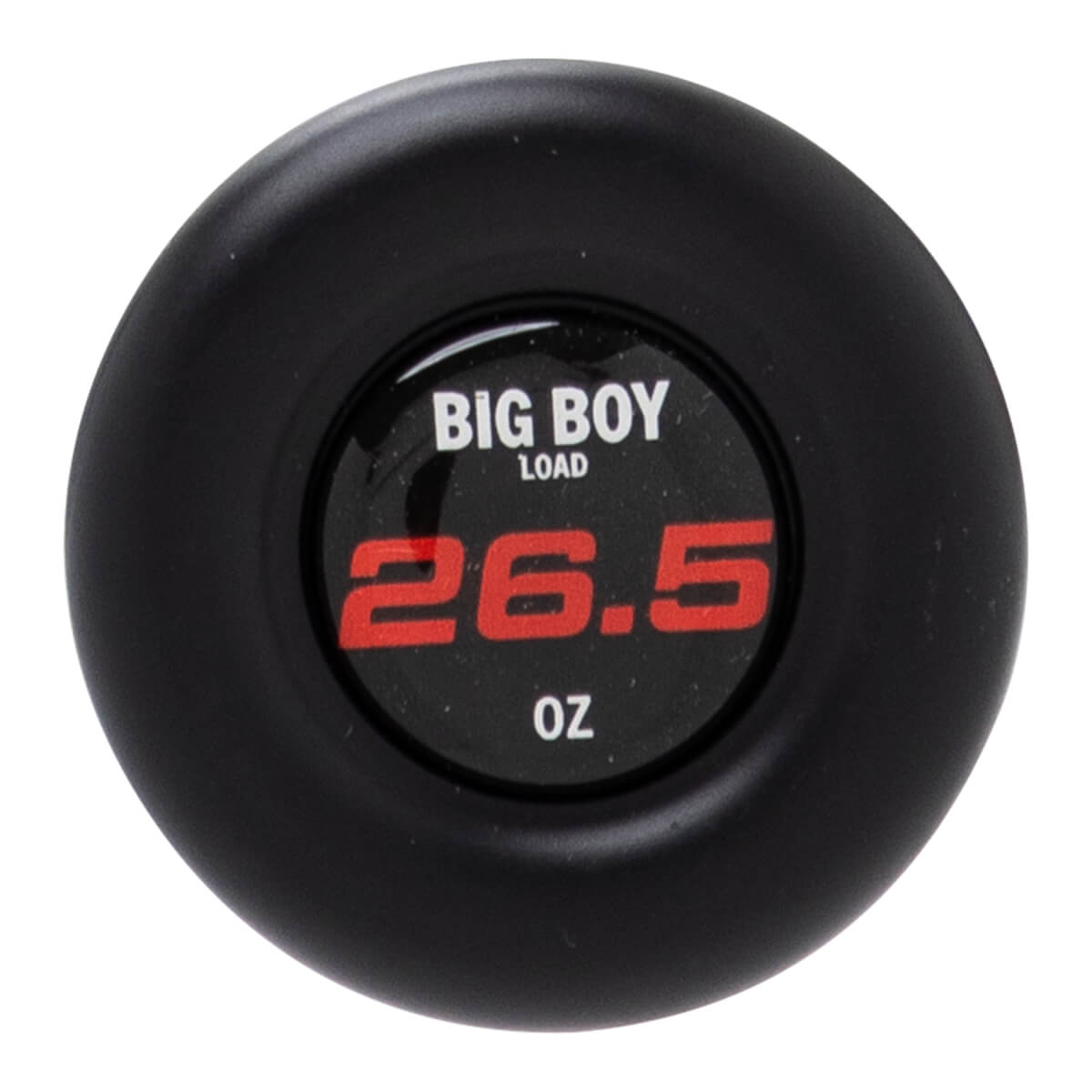 Top-down close-up of a black softball bat end cap with BIG BOY LOAD in white and 26.5 OZ in red.