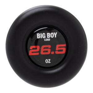 Top-down close-up of a black softball bat end cap with BIG BOY LOAD in white and 26.5 OZ in red.