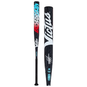Side view of a black softball bat with a white "Victus" logo, tiger stripe pattern, and "Official Softball" text.