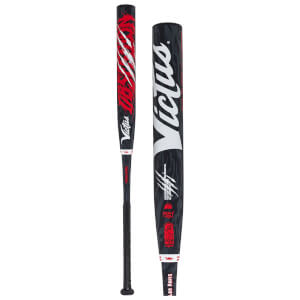Front view of a black and grey camouflaged baseball bat with red claw marks and "Victus" branding.
