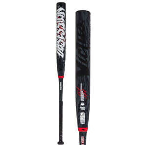 Front view of a softball bat with a black grip, white and red tiger stripe design, and "Victus" logo.