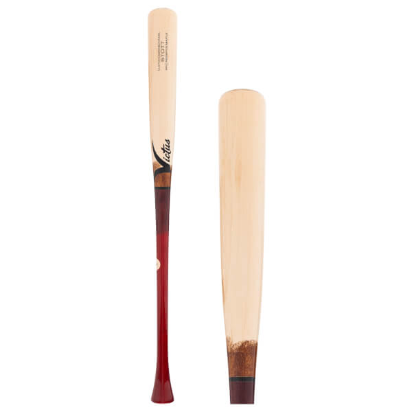 Angled view and barrel end close-up of a natural maple wood baseball bat with red-brown handle and Victus logo.