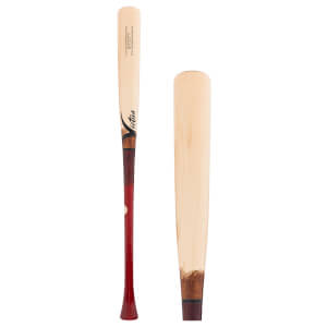 Angled view and barrel end close-up of a natural maple wood baseball bat with red-brown handle and Victus logo.