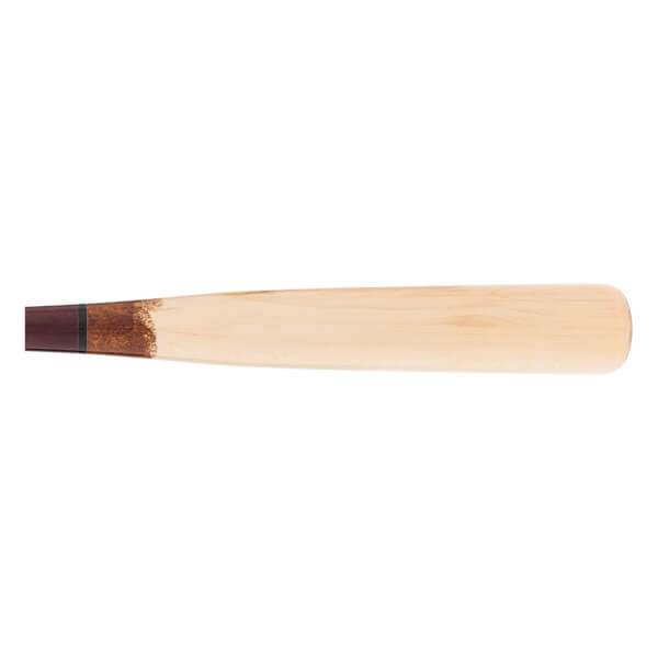 Side view of a natural maple wood baseball bat with a dark brown handle, a thin black ring, and a light wood barrel.