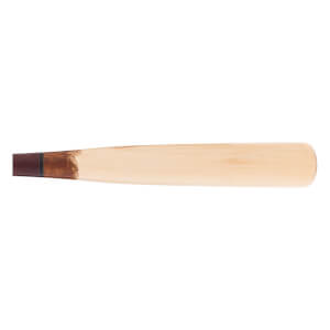 Side view of a natural maple wood baseball bat with a dark brown handle, a thin black ring, and a light wood barrel.
