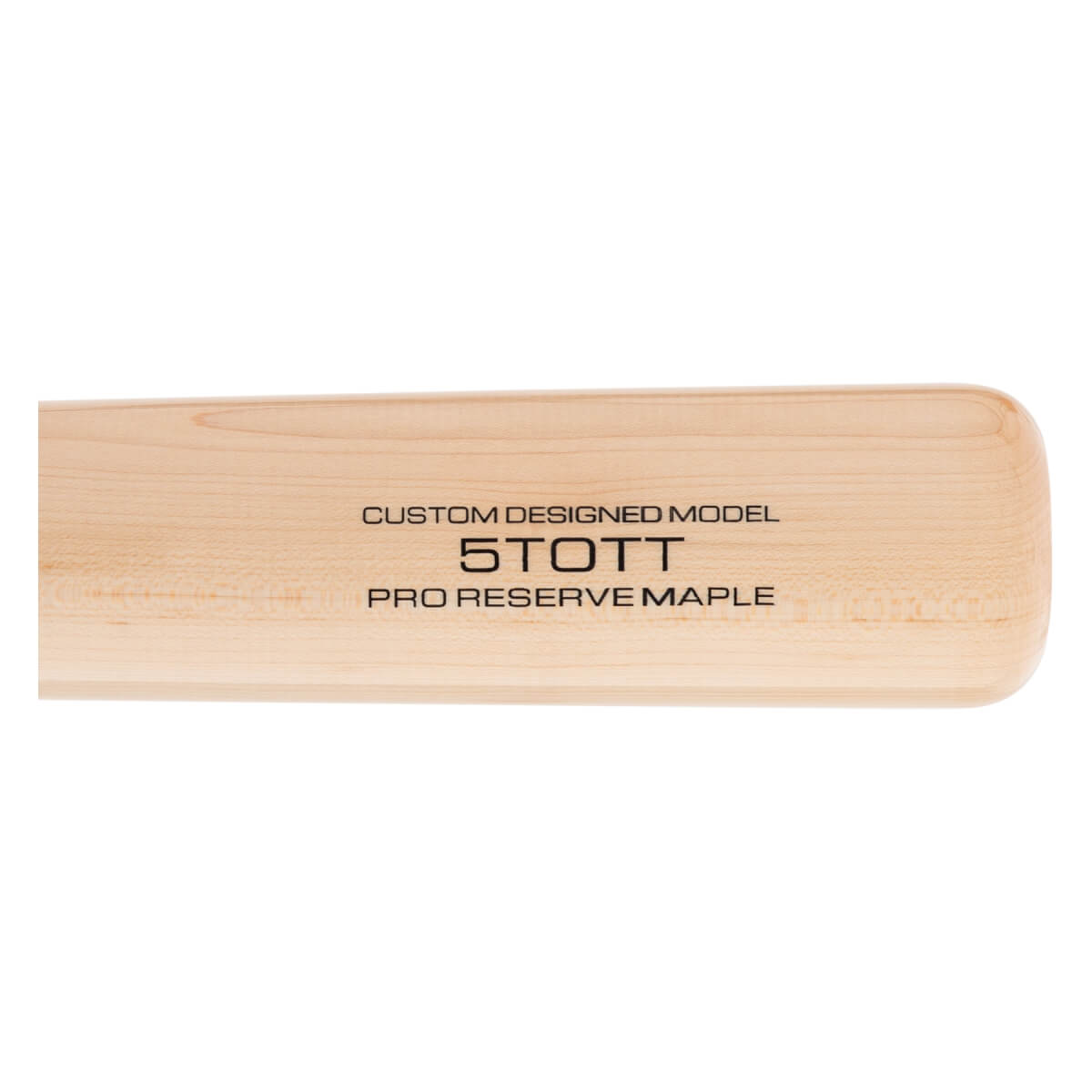 Close-up side view of a natural wood baseball bat with CUSTOM DESIGNED MODEL 5TOTT PRO RESERVE MAPLE text.