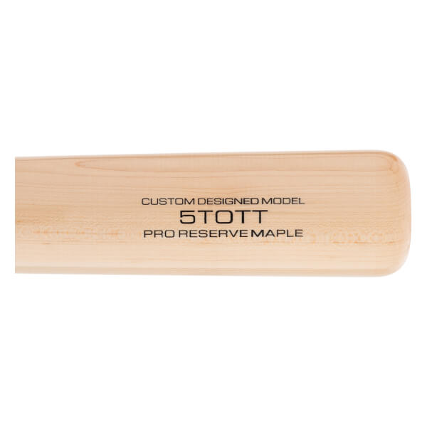 Close-up side view of a natural wood baseball bat with CUSTOM DESIGNED MODEL 5TOTT PRO RESERVE MAPLE text.