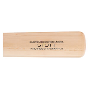 Close-up side view of a natural wood baseball bat with CUSTOM DESIGNED MODEL 5TOTT PRO RESERVE MAPLE text.