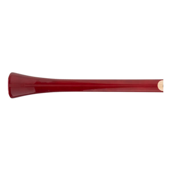 Side view of a glossy red baseball bat with a flared handle knob and natural wood grain visible at the barrel end.