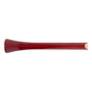 Side view of a glossy red baseball bat with a flared handle knob and natural wood grain visible at the barrel end.