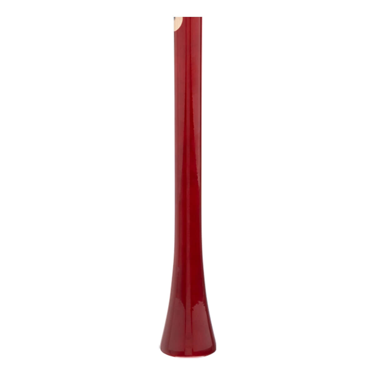 Side view of a glossy red baseball bat with a tapered profile, flared knob, and light barrel end.