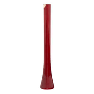 Side view of a glossy red baseball bat with a tapered profile, flared knob, and light barrel end.