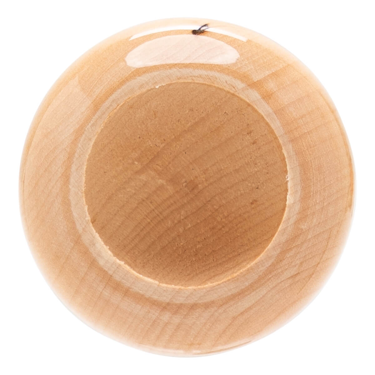 Top-down view of a natural wood baseball bat with a cupped barrel end and clear wood grain.