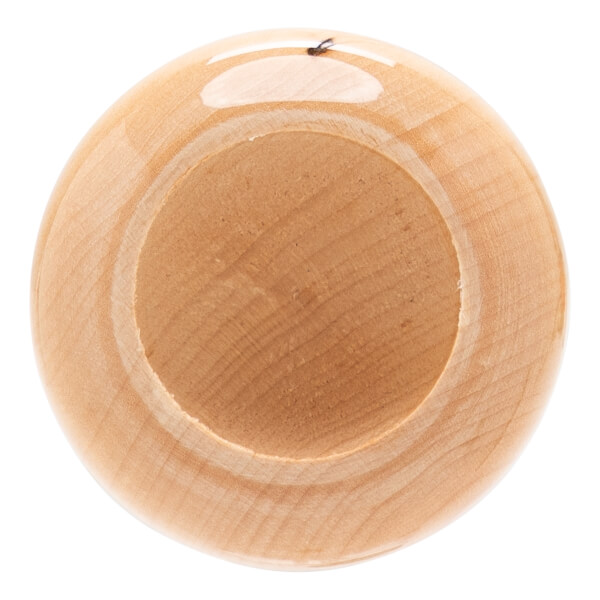 Top-down view of a natural wood baseball bat with a cupped barrel end and clear wood grain.