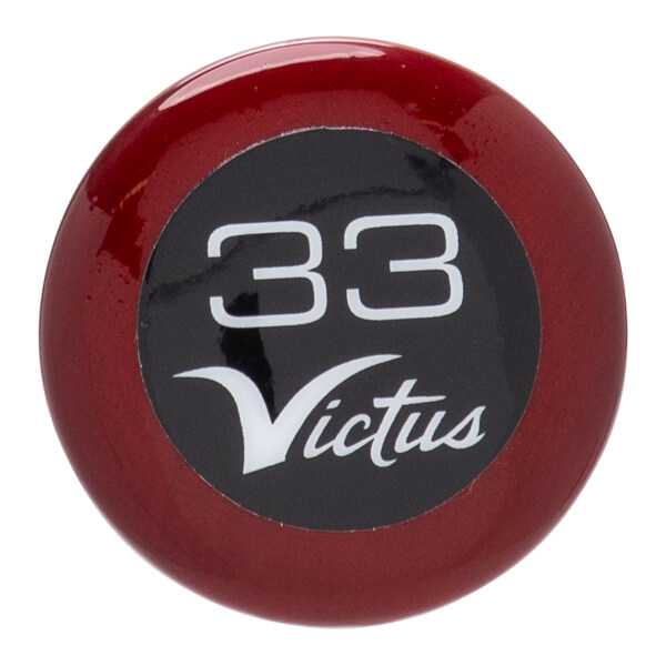 Top-down view of a glossy dark red baseball bat end cap with a black circular insert displaying white 33 and Victus text.