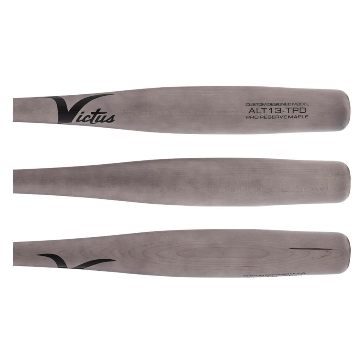 Multiple side views of a light grey wood baseball bat with Victus logo and ALT13-TPD model text.