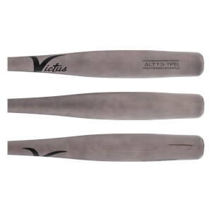 Multiple side views of a light grey wood baseball bat with Victus logo and ALT13-TPD model text.