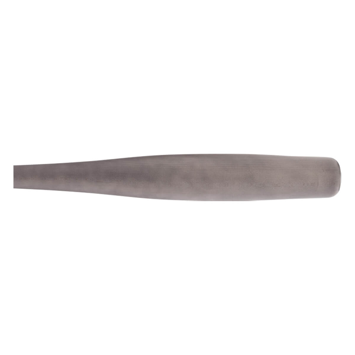 Side view of a gray baseball bat with a smooth finish, showing the rounded barrel and taper.