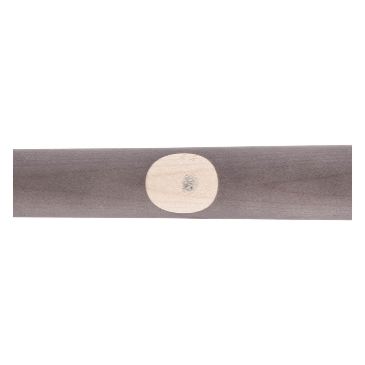 Close-up of a dark gray maple wood baseball bat featuring a light oval ink dot.