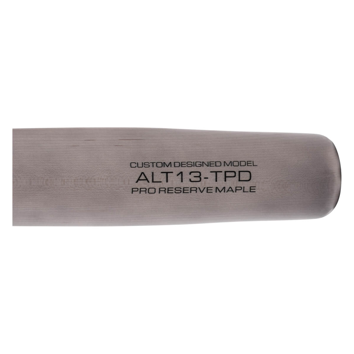 Close-up of a light gray baseball bat with CUSTOM DESIGNED MODEL ALT13-TPD PRO RESERVE MAPLE branding and wood grain.